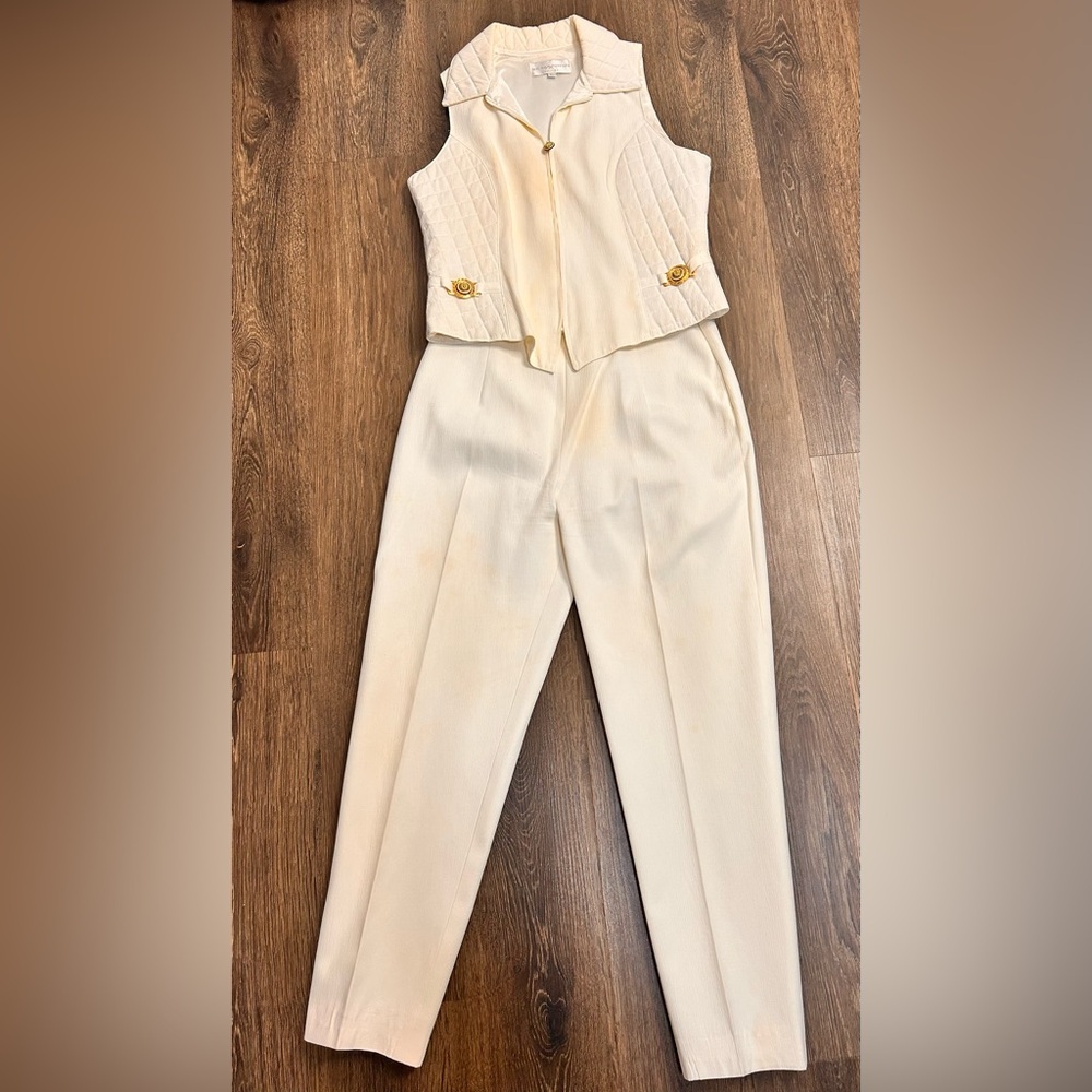 St. Maarten Dallas Women’s White Collared Vest & Bottom Set Size 12 Vintage